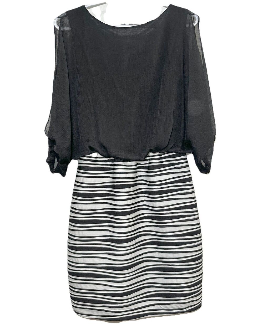 J. Taylor Black Blouson Dress Sheer Top Striped Skirt Size 8 Cocktail